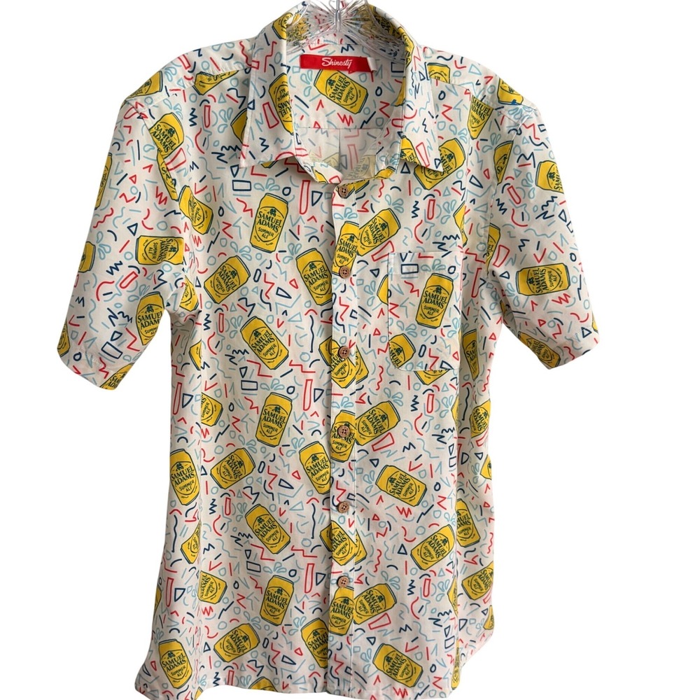 Shinesty Samuel Adams Summer Ale Shirt Mens Large White Beer Print Button Down